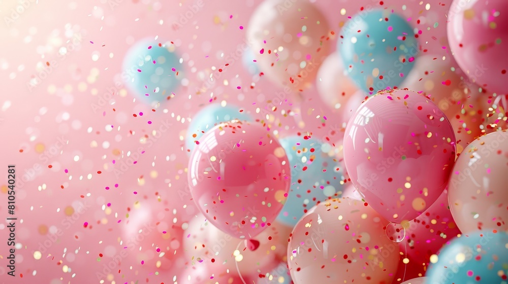 A whimsical arrangement of balloons and confetti of soft pink