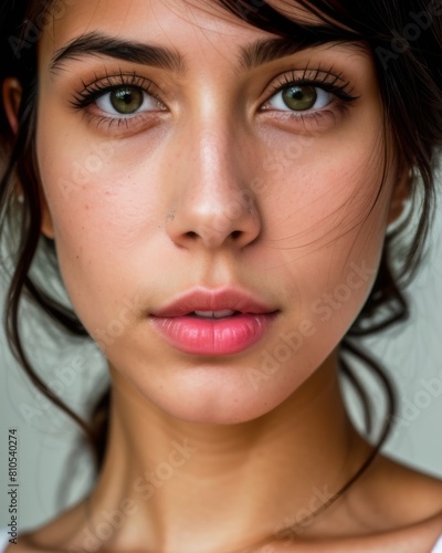 A beautiful brunette with black hair, big hazel eyes and full lips, a close up of a beautiful face