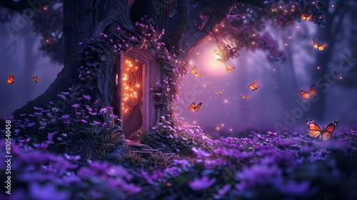 Bright doorway in a tree trunk with hovering butterflies over purple flowers viewed at twilight for a dreamy ambiance.