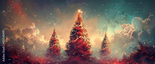 Christmas trees illuminated against a starry sky. digital art illustration painting Landscape Background for banner  Poster  greetings card