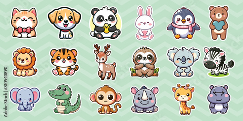 cute animal sticker set collection vector illustration. Set of stickers with cute animals illustration