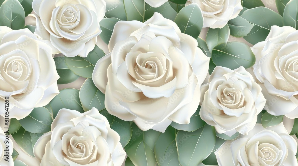 Fototapeta premium Seamless pattern featuring glossy 3D white roses with subtle green leaf accents, ideal for highend cosmetic packaging or delicate textile prints