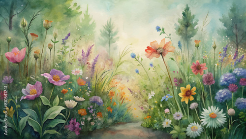 Watercolor background of blooming wildflowers in a secluded garden