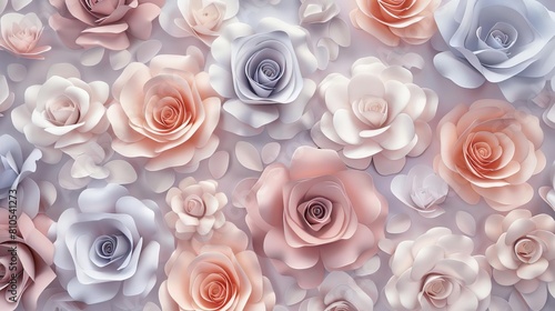 Seamless pattern of 3D roses in a soft pastel palette, ideal for nursery room wallpapers or feminine fabric designs, highlighting subtle texture and depth