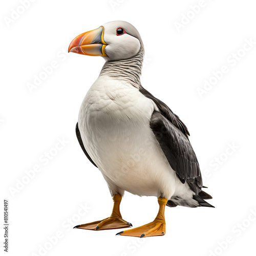 A cute puffin standing on a rock in the ocean. photo