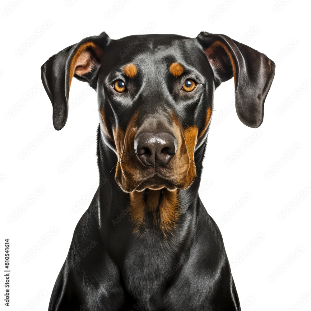 A Doberman Pinscher, a large, black dog with a docked tail and cropped ears, is looking at the camera with a serious expression.