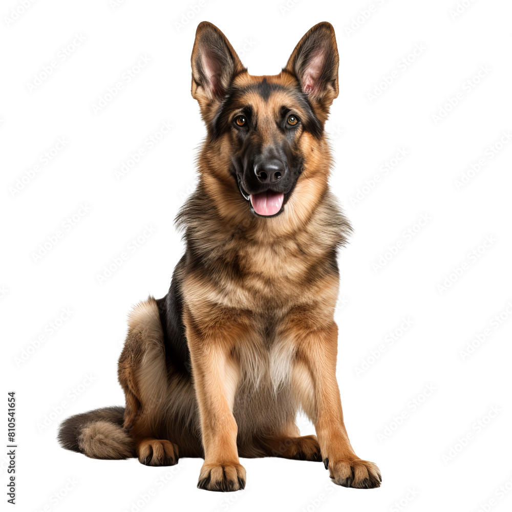 A German Shepherd dog is sitting down, looking straight at the camera with a happy expression on its face.