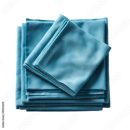 A folded stack of soft, blue bed sheets.