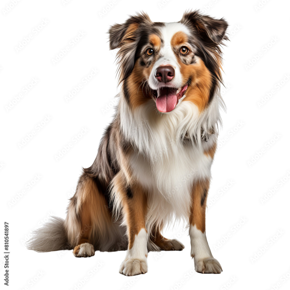 A photo of a Australian Shepherd sitting down, looking at the camera with a happy expression on its face A photo of a Australian Shepherd sitting down, looking at the camera with a happy expression on its face