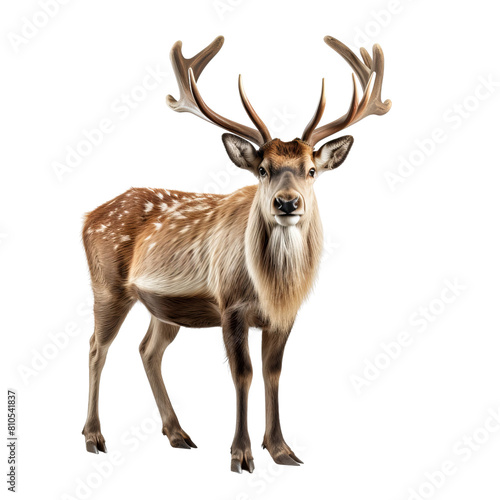 A male deer with large antlers stands in a field. The deer is looking at the camera.