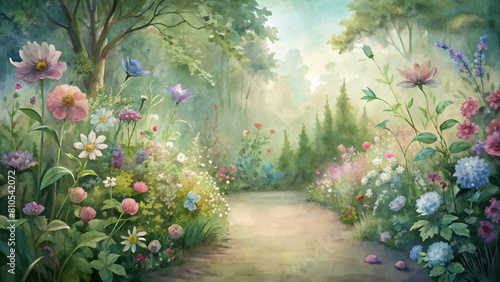 Watercolor background of blooming wildflowers in a secluded garden photo