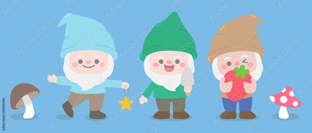 Kids hand drawn cute spring garden gnome dwarf characters Kids hand drawn cute spring garden gnome dwarf characters