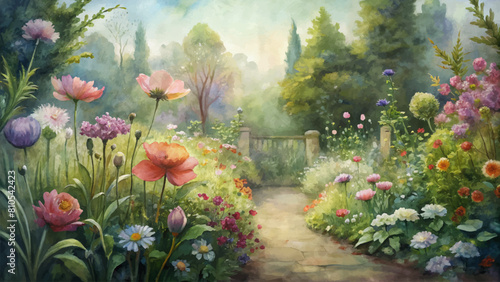 Watercolor background of blooming wildflowers in a secluded garden