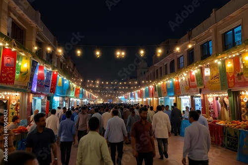 image of a Chinatown street backdrop at nightA bustling crowd, food vendors, an open-air night market, and the bokeh effect