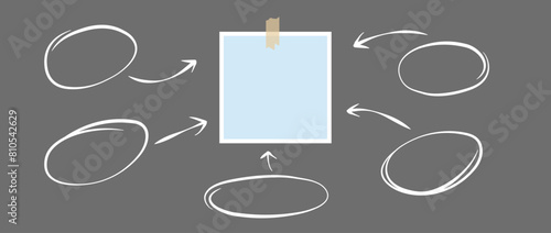 Blue paper note glued on adhesive tape and hand drawn arrows and circles. Mood board, process flow and diagram chart template for mockup, poster design, banner, flyer, brochure. Vector illustration