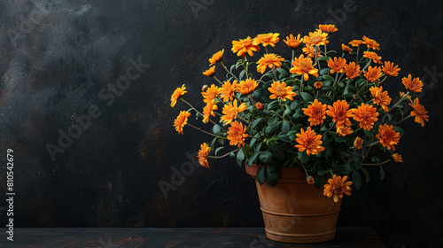 Pot with beautiful Chrysanthemum flowers on table near