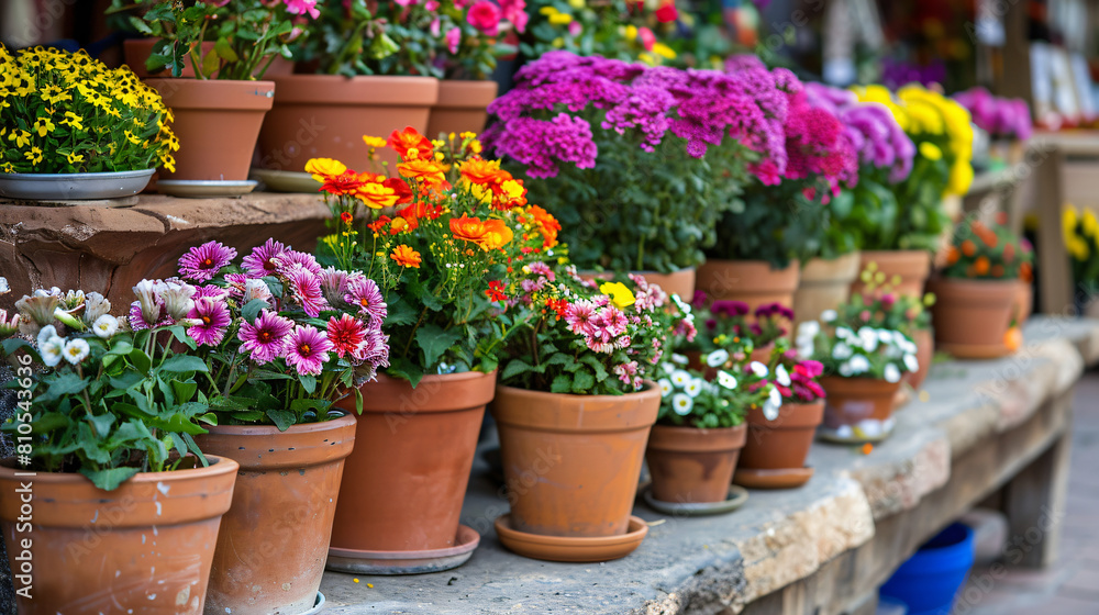 Pots with beautiful flowers on street market