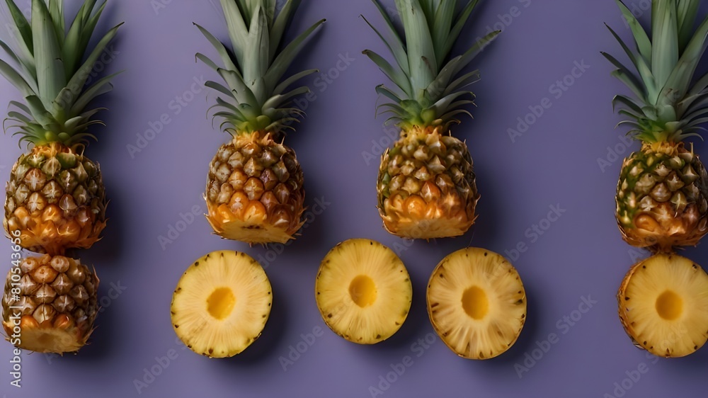 Pineapple on bright background creative layout, copy space. Flat lay pattern. Food concept print Generative AI Pineapple on bright background creative layout, copy space. Flat lay pattern. Food concept print Generative AI