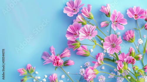 Vibrant digital art of pink flowers blooming profusely against a clear blue sky background.