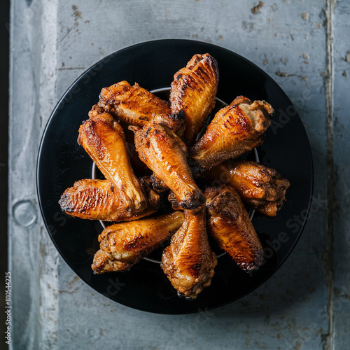 Roasted chicken wings on black plate with barbecue sauce, directly above