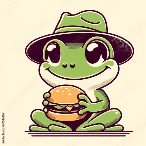 A green frog wearing a brown hat is eating a big burger.