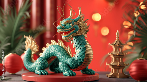 Chinese dragon with red body and gold scales on the head © MdArif