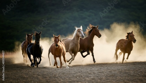 herd of wild horses galloping through dusty terrain  illuminated by the golden glow background
