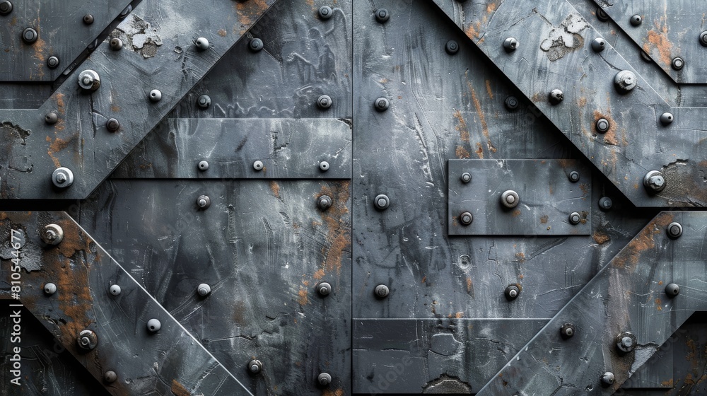Rusted metal door with rivets.