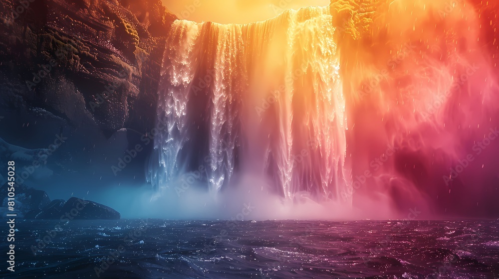 A cascading waterfall tumbling over a cliff of black rock, its misty spray catching the light and creating a dazzling display of colors