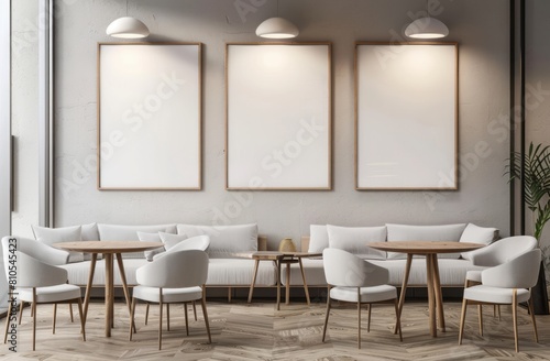 3 white posters on the wall of an empty minimalist coffee shop, with light gray and beige colors