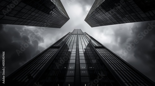 A photo of a skyscraper made of glass and steel with clouds in the background.