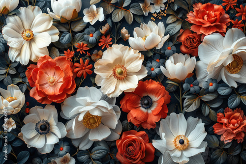  A wall covered in flowers  white and orange roses. Created with Ai