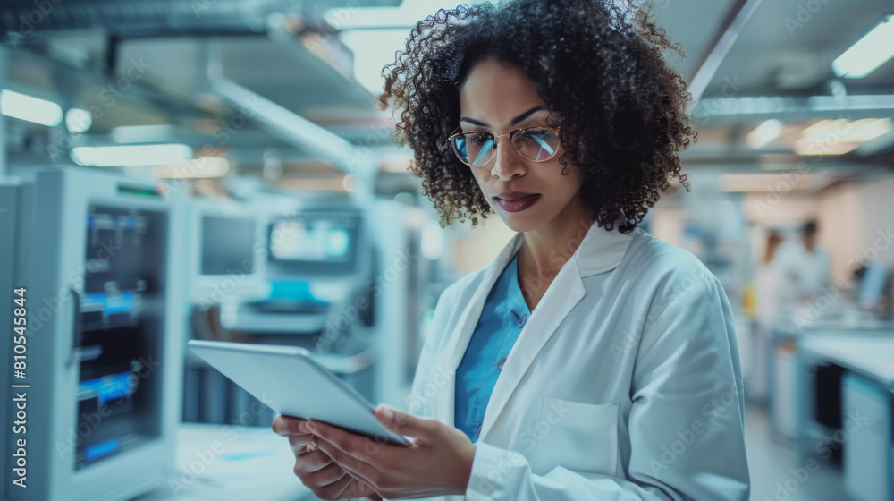 Focused African-American female scientist using a tablet to analyze data in a high-tech laboratory. Focused African-American female scientist using a tablet to analyze data in a high-tech laboratory.