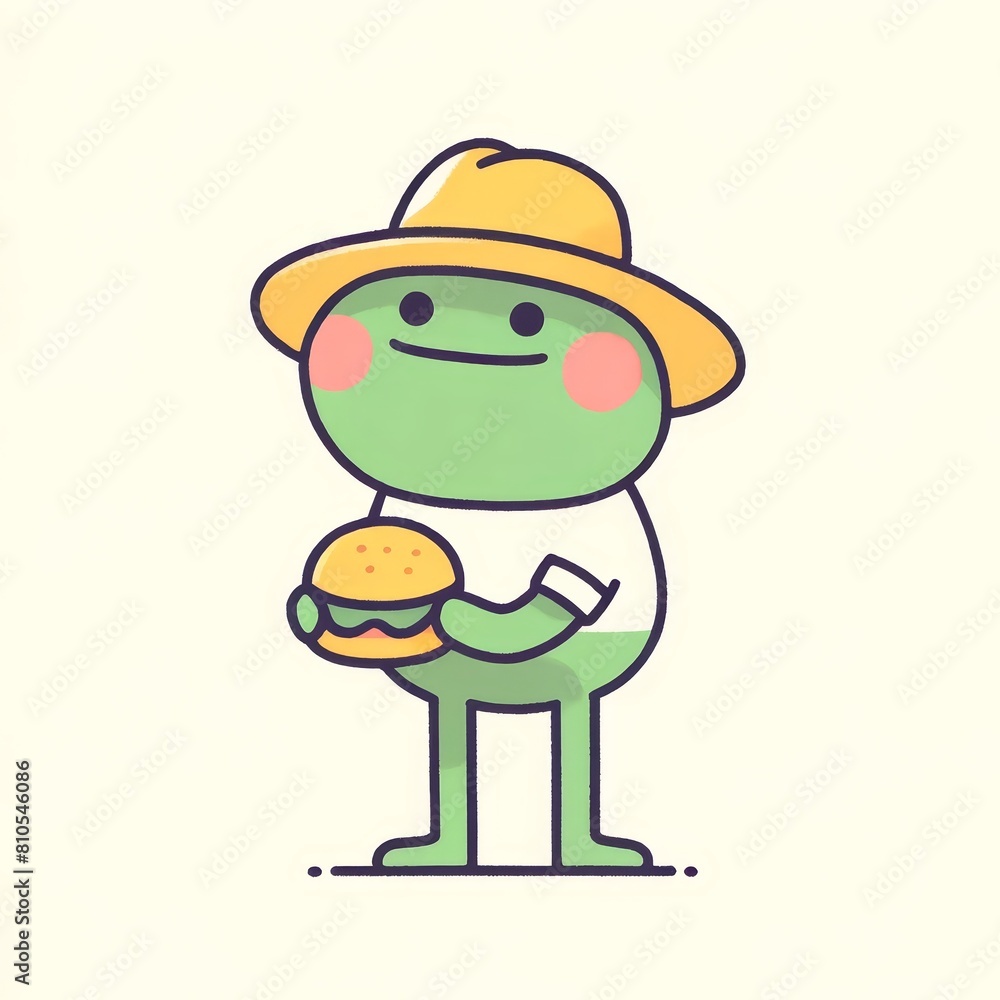 A green frog wearing a yellow hat is holding a burger. The frog is smiling and looks happy.