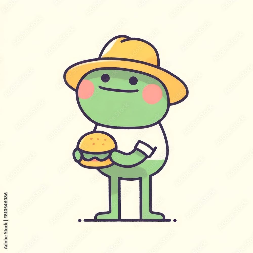 A green frog wearing a yellow hat is holding a burger. The frog is smiling and looks happy. A green frog wearing a yellow hat is holding a burger. The frog is smiling and looks happy.