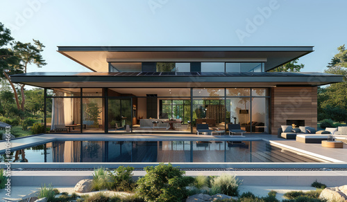  A large two-story house with black metal windows and doors, brick walls, wooden furniture on the balcony, garden landscape design in front of the swimming pool. Created with Ai © design