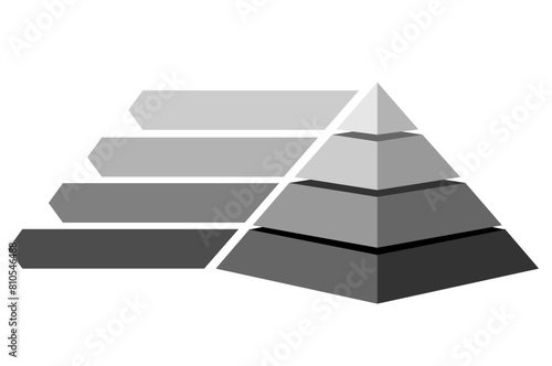 Infographic statistical hierarchical illustration of black and glay color triangle divided, Pyramid shape vector graphic four layers for presenting business ideas or disparity and data