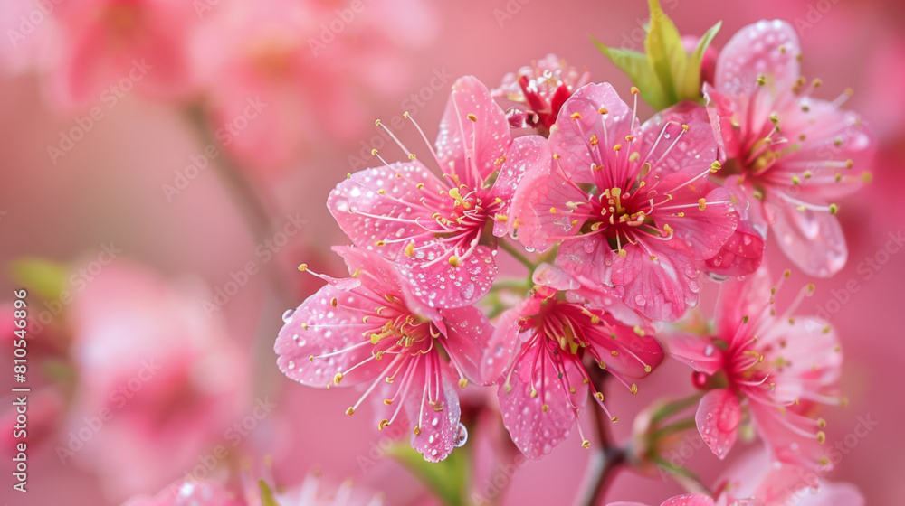 Fototapeta premium Close-up of delicate pink cherry blossoms covered in fresh dew on a soft pink background.