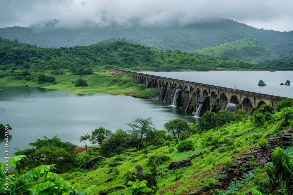 Serene view of a lush green landscape surrounding a majestic water dam, reflecting the tranquil waters below.