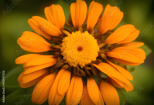 A close-up of an orange flower with a dark  blurred background