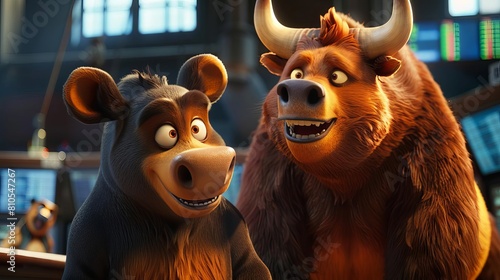 A children's educational program where cartoon versions of a bull and bear explain the basics of stock markets and gold trading photo
