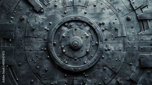The image is a close-up of a large metal door with a circular pattern in the center. The door is made of thick metal and has a heavy-duty locking mechanism. photo