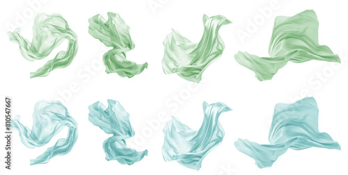 2 Collection set of pastel green turquoise silk satin cloth fabric floating flying in the air on transparent background cutout, PNG file. Mockup template for artwork graphic design photo