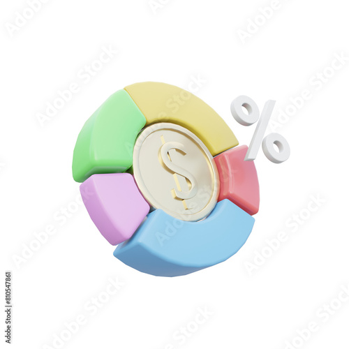 3d illustration of cash ratio with coins pie chart and percentage icon for business background.
3d render.