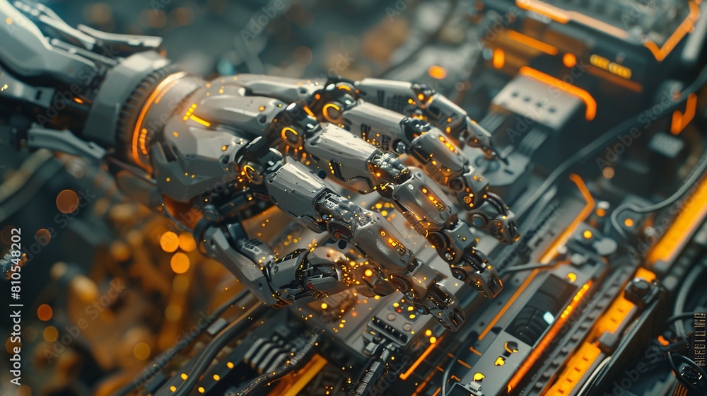 A highly detailed robotic arm showing intricate mechanics and glowing elements within a futuristic technology setting. A highly detailed robotic arm showing intricate mechanics and glowing elements within a futuristic technology setting.