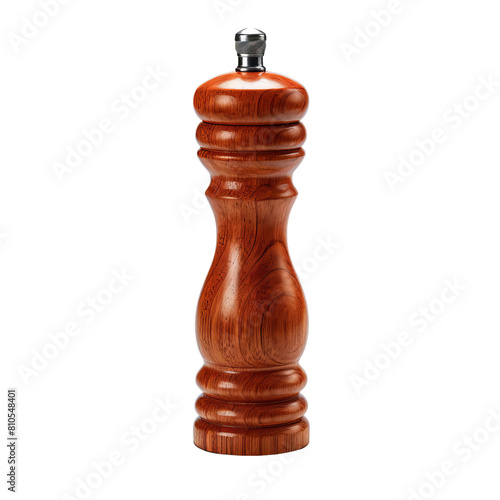 The image shows a wooden pepper grinder with a silver top. It is isolated on a black background.