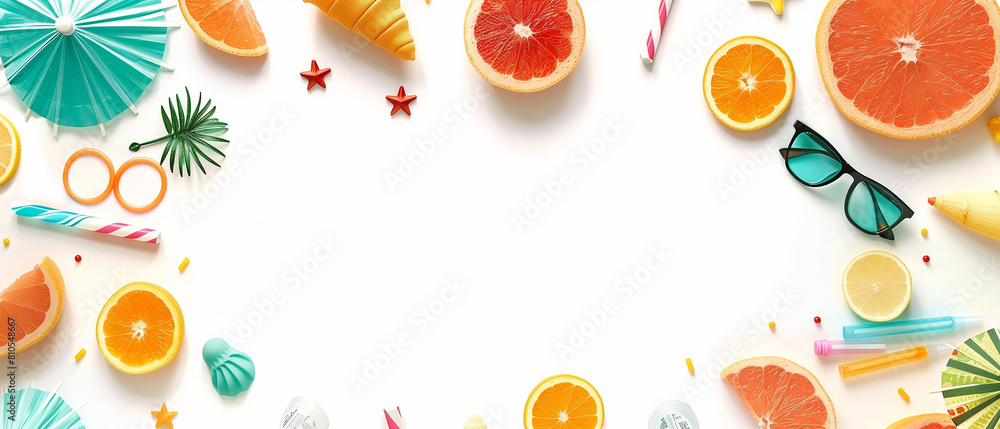 White background with a variety of summer items with copy space. White background with a variety of summer items with copy space.