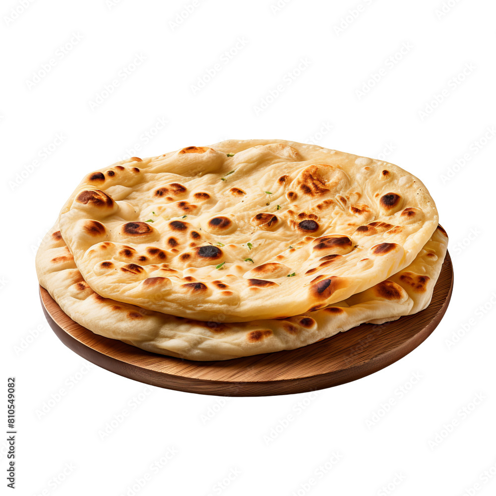 Two pieces of traditional Indian naan bread on a wooden plate. Two pieces of traditional Indian naan bread on a wooden plate.