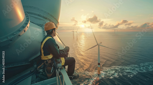 Engineer man maintains a windmill turbine on the open sea. Green energy and technology concept. AI-generated.