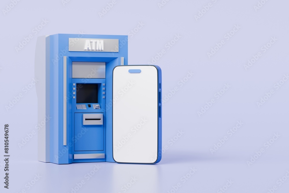 3d ATM Machine with mobile smartphone icon isolated on blue background. Money transfer account online, E-business finance money payment service concept. Minimal 3d ATM money tranfer icon. 3d render. 3d ATM Machine with mobile smartphone icon isolated on blue background. Money transfer account online, E-business finance money payment service concept. Minimal 3d ATM money tranfer icon. 3d render.